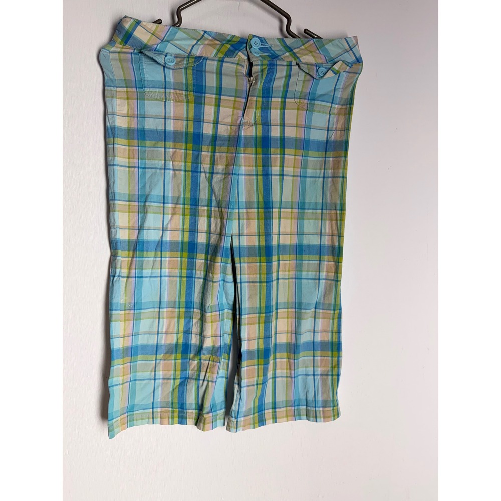 Cherokee Kids Plaid Capri Pants Blue Green Yellow Check Cropped Trousers Size 12
